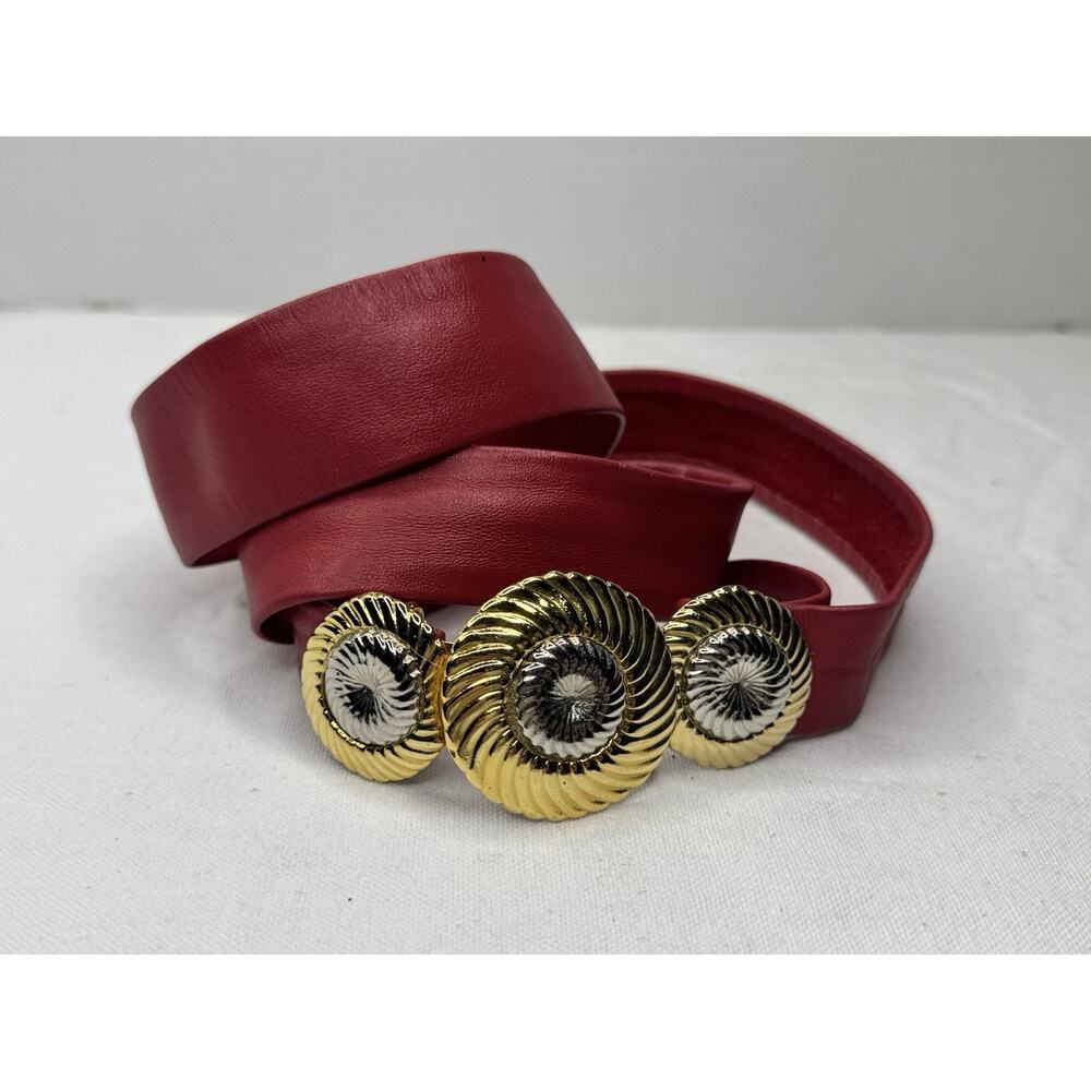 Vintage Schaffer Genuine Leather Belt Red Adjustable Gold Silver Buckle Sz Large